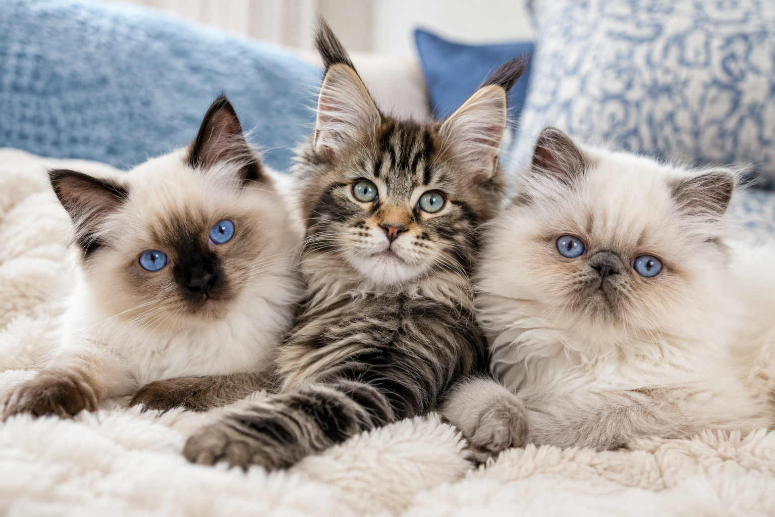 Ragdoll, Maine Coon, and Himalayan kittens resting together